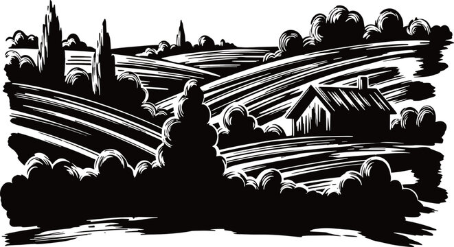 Black and white woodcut landscape illustration with rolling hills and a house