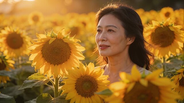 Opening eyes, woman reacting to sunlight, turning and smiling in sunflower field in sleeveless top