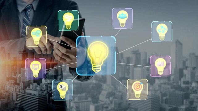Business professional holding tablet with light bulb icons representing innovative ideas and solutions, urban skyline background. Entropy.
