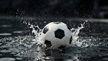 Naklejka premium A soccer ball mid-splash as it strikes the water surface, A vibrant soccer ball covered in glistening water droplets sits prominently against a striking background, created with generative ai
