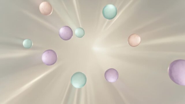 Pulsing glow urging mint pastel spheres spiraling around light with radial beams in beige gradient