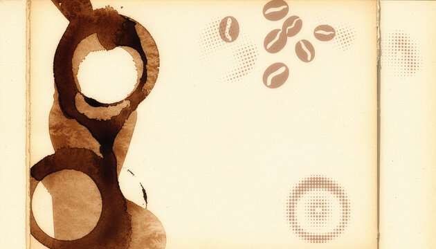 Coffee shop background with dark espresso rings coffee beans pattern and halftone circle on vintage paper
