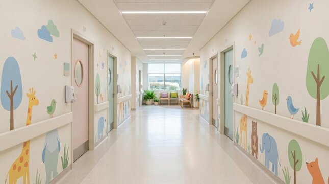 Bright Children's Hospital Corridor with Cartoon Animal Decorations and Natural Light