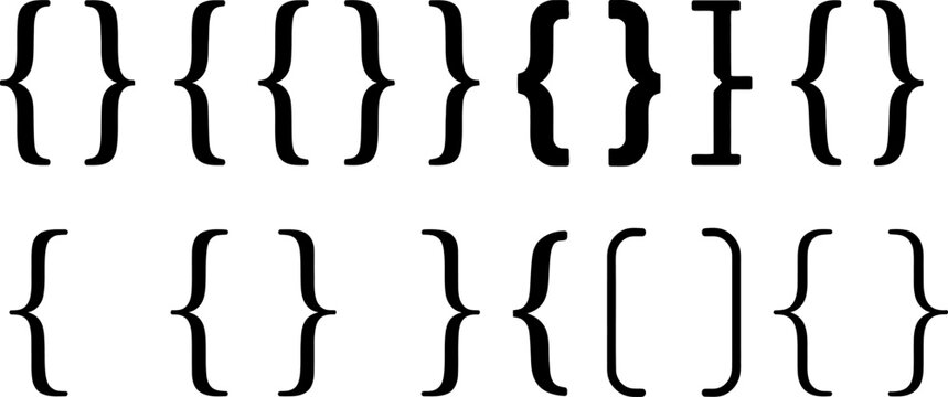 Various Black Braces and Curly Brackets Arranged in Two Rows on a White Background curly brace