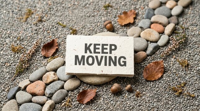 Motivational Keep Moving Card on Pebble Path with Autumn Leaves