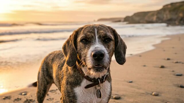 boggle dog at malibu beach usa close up golden light background video