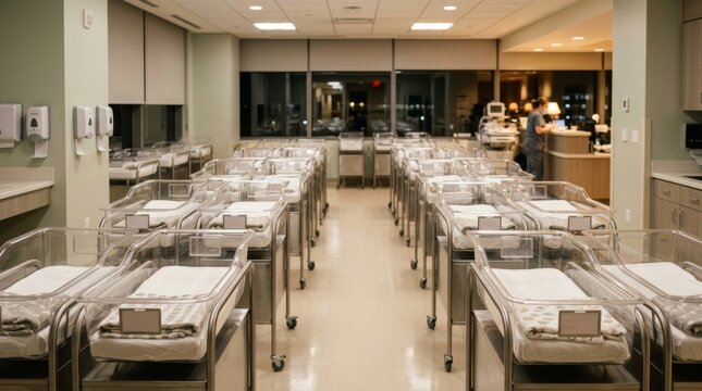 Empty Newborn Nursery with Rows of Cribs in Modern Hospital