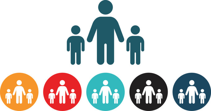 Single parent icon set with adult and two children silhouettes representing childcare family support and pediatric care concepts