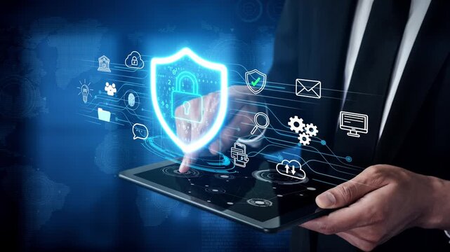 Digital Security Concept with Modern Technology, Secure Connectivity, and Data Protection Interface on Tablet Device in Business Setting. Entropy.