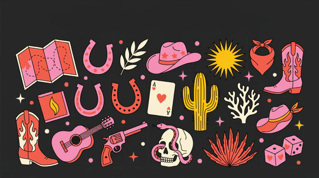 Retro western aesthetic vector elements, pink and red cowboy clip art set, vintage desert icons with skull, boots, and cactus on black background