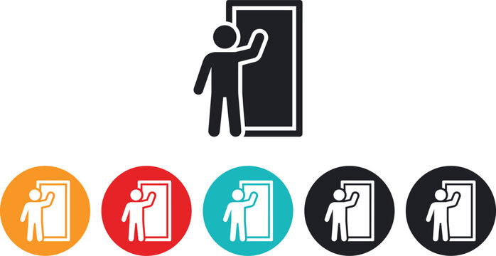 Stick figure knocking on a door icon set representing guest arrival, entering a room, and property access concepts