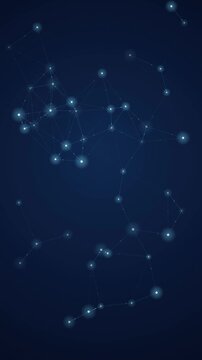 Vertical abstract network of glowing nodes and connecting lines on a dark blue background, seamless looping motion background in portrait format for social media and mobile