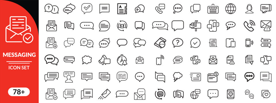 Chat message icon set. Contains speech bubble, conversation, dialogue text, email contact, reply, read, setting, delete, sent, write, sms button. Vector illustration