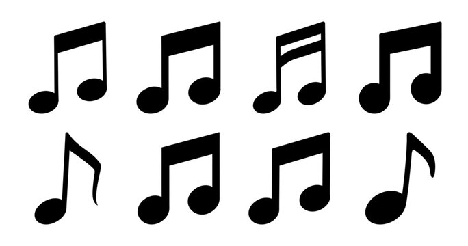 Black musical notes vector icons set - A clean set of black musical note icons arranged in two rows, perfect for music-related projects, apps, or presentations.