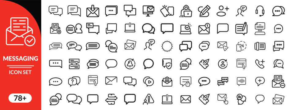 Chat message icon set. Contains speech bubble, conversation, dialogue text, email contact, reply, read, setting, delete, sent, write, sms button. Vector illustration