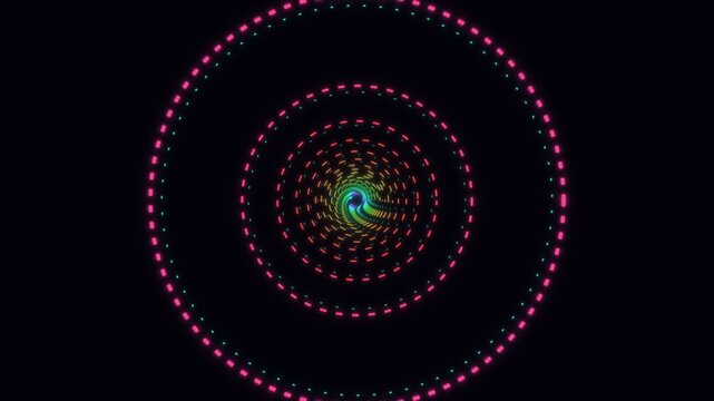 Futuristic neon tunnel with changing color dashed circles