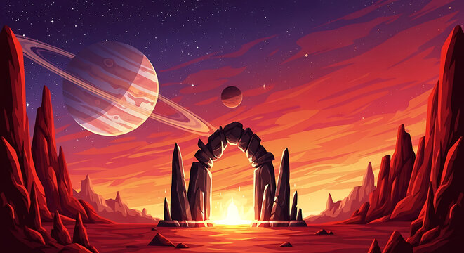 Pixel art alien planet landscape with saturn style ringed planet and ancient portal landscape mountains universe dramatic exploration adventure mysterious