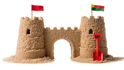Sandcastle fortress with flags and red shovel, isolated on transparent background © Jonathan