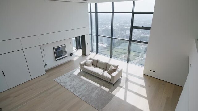 Moving camera from mezzanine revealing beige three seat sofa and window wall showing more floor