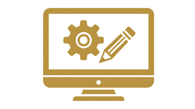Golden gear and pencil icons on computer screen, white background