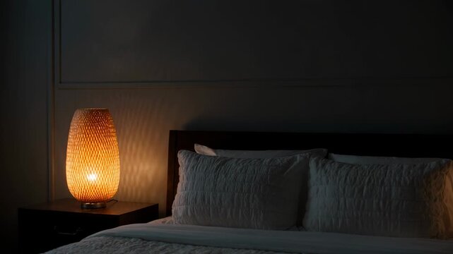 Drifting camera framing bed, dark headboard, pillows in bedroom at night, amber lamp casting glow