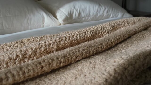 Moving camera focusing on made bed in bedroom, showing beige knit throw texture, duvet and pillows