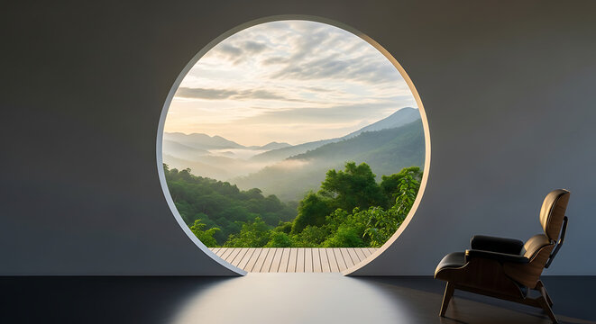Modern living room with leather armchair facing a round window view of lush mountains mountain armchair interior landscape architecture furniture relaxation peaceful serenity