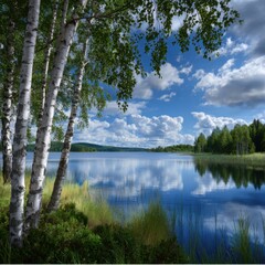 Fototapeta premium Serene lakeside scene with birch trees in the foreground reflecting on calm water under partly cloudy blue sky on a peaceful summer day