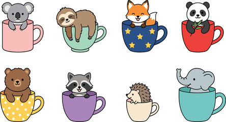 Obraz premium Cute Woodland Animals in Teacup Collection Featuring Koala, Sloth, Fox, Panda, Bear, Raccoon, Hedgehog, and Elephant Characters