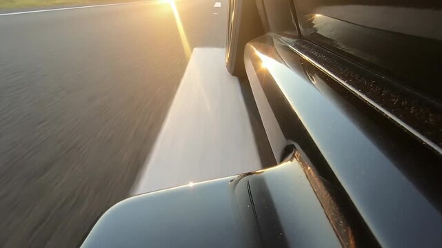 Reflecting fender showing reflections on road as sun nearing horizon and vehicle moving, copy space
