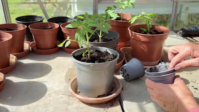 Clearing up and watering after transplanting a tomato plant into a larger pot