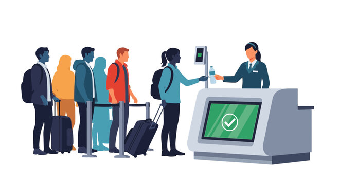 Travelers in line at airport check-in with luggage, illustration