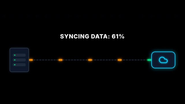 Minimalist digital data synchronization animation showing a server connecting to cloud storage with an orange glowing progress percentage loading bar