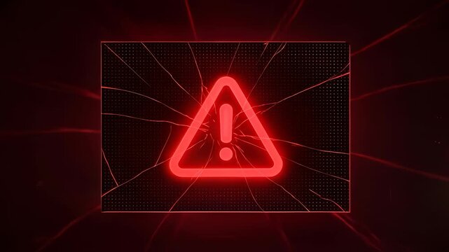 Red warning triangle flashing on cracked digital screen. System error and cybersecurity alert concept. Lockdown shot.
