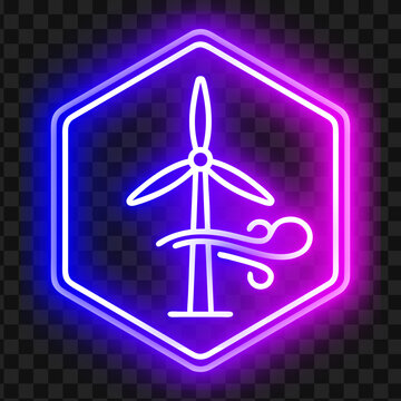 Neon line icon of wind turbine with wind blowing inside hexagon border for clean energy concept