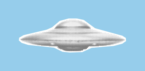 UFO icon set. Extraterrestrial and sci-fi concept. Includes flying saucer, alien spaceship, unidentified object, futuristic vehicle. Halftone dot style © Mr. Stocker
