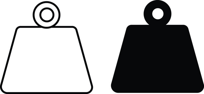 Line drawing of two trapeze shaped weights with circles on top  one filled one outlined