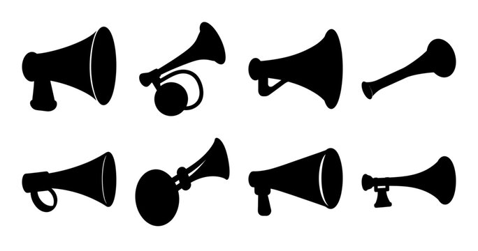 Black megaphones and horns flat icon set - Eight stylish black silhouette megaphones and horns arranged in a clean, flat design for easy editing and use in presentations or graphics.