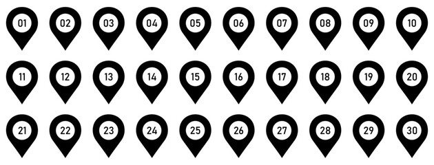 Numbered map pin location marker set with navigation, gps, waypoint, destination, locator, route, tracking and position symbols. Collection of numbered pin icons from 01 to 30. © IronVortex