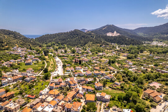 Potamia village, thassos island in greece, aerial view of traditional houses and sea