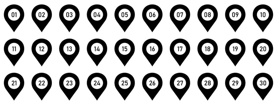Numbered map pin location marker set with navigation, gps, waypoint, destination, locator, route, tracking and position symbols. Collection of numbered pin icons from 01 to 30.