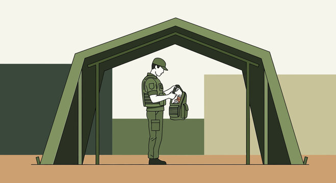 Soldier Packing Backpack in Military Tent Illustration