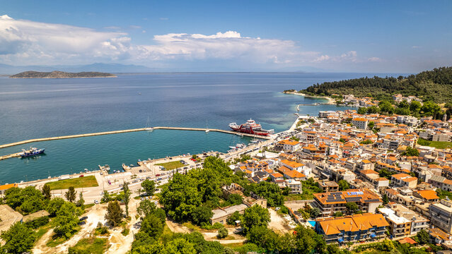 Limenas in thassos, greece aerial view showing port, town, and aegean sea
