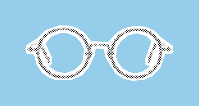Eyeglasses icon set. Vision and optical accessories concept. Includes round frames, lenses, bridge, temples, earpieces. Halftone dot style