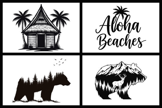 Vector set of tropical beach designs and double exposure forest bear silhouettes