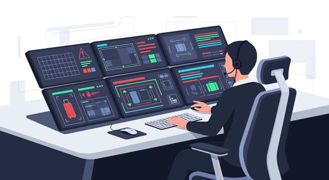 Security operator monitors surveillance system on multiple screens - illustration