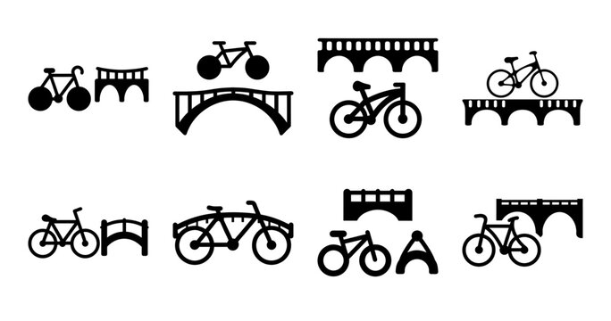 Playful bicycles and sports icons set - A fun collection of black and white bicycle and sports-themed icons with playful elements like a trampoline and skateboard.
