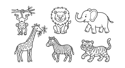 Fototapeta premium Safari animals vector illustration black and white line art style