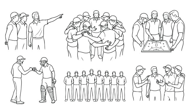 Cricket team line art collection, professional athletes in huddle and strategy sessions, minimalist sports coaching vector illustrations