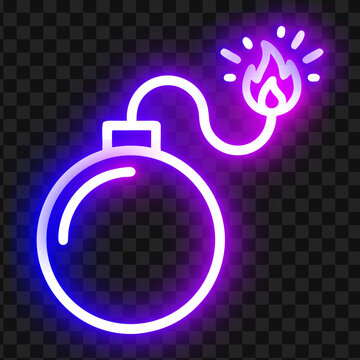 Glowing neon bomb with burning fuse vector illustration
